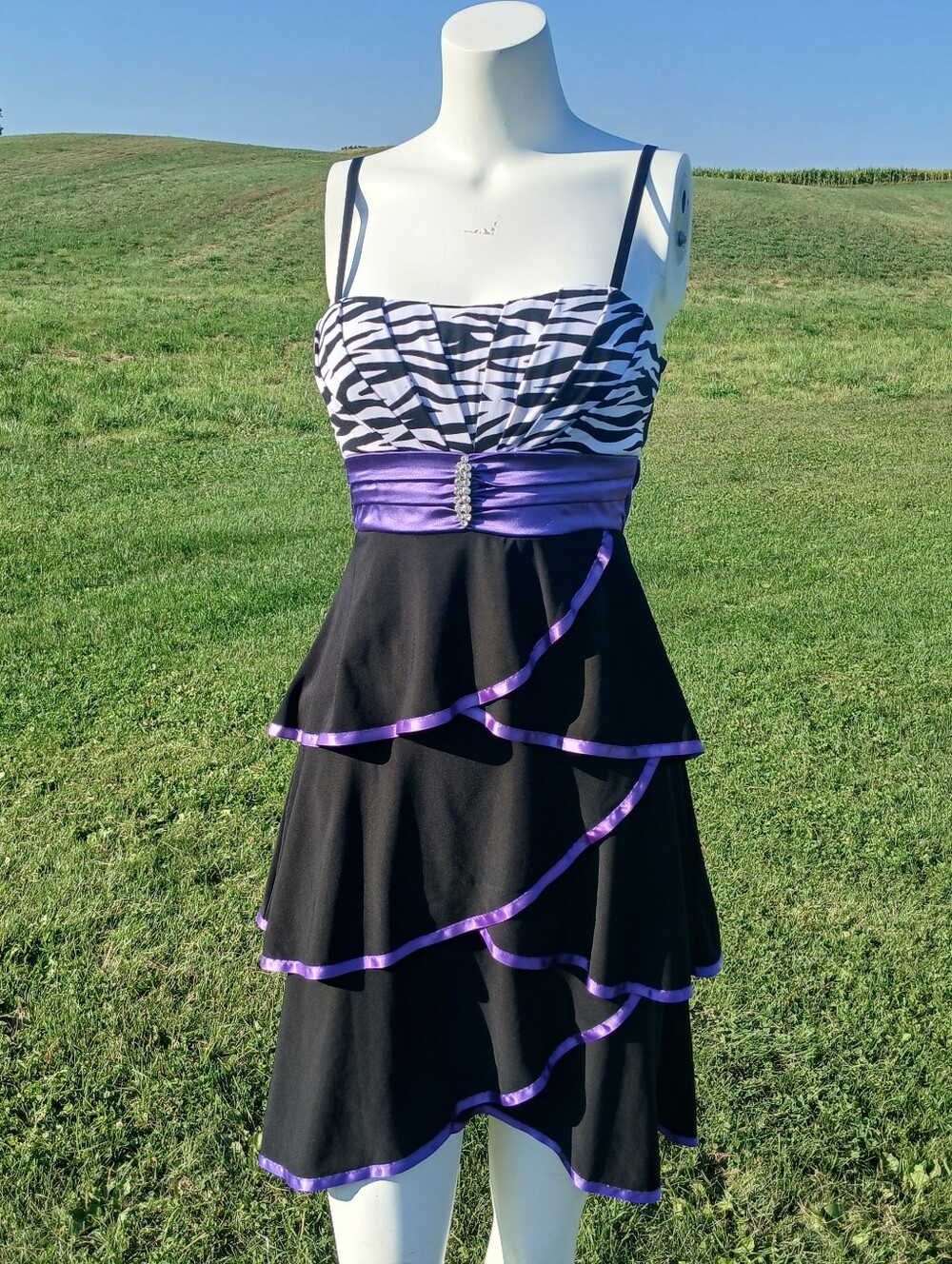 deb Party Dress size S Small Black Purple Zebra Print Tiered Ruffle Prom Dance